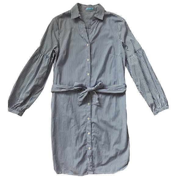 J. McLaughlin Millbury White & Navy Striped Poplin Dress Pockets Size Medium - Picture 10 of 11